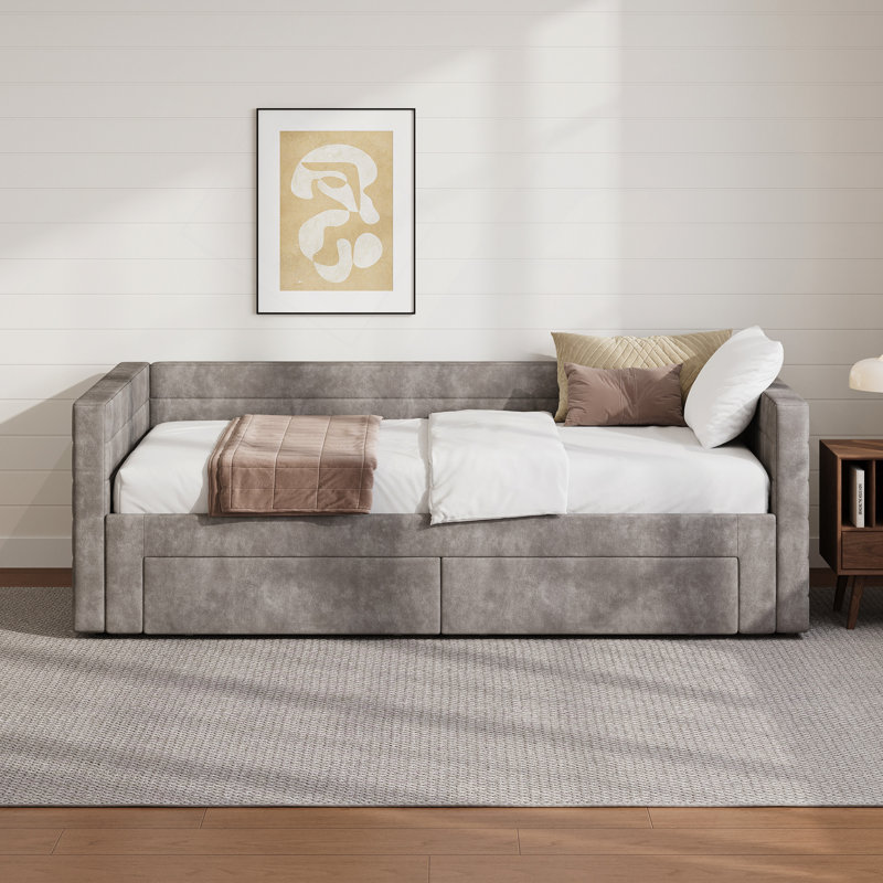 Structure de lit de jour rembourré extensible avec canapé-lit en tissu chenille, gigogne et peu encombrant avec tiroirs de rangement pour le salon