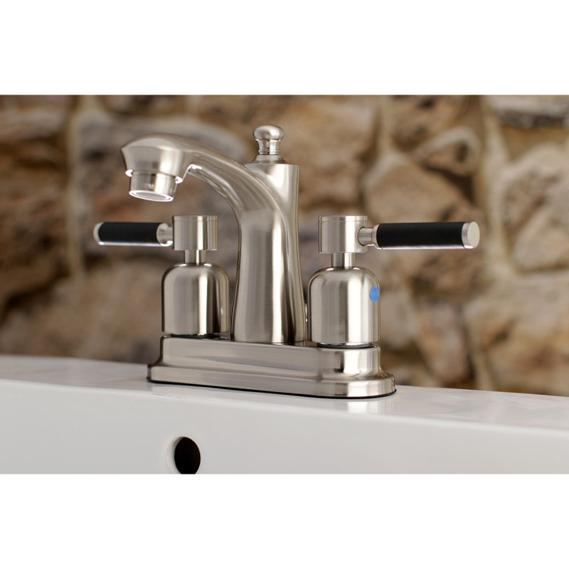 Kingston Brass Kaiser Two-Handle 3-Hole Deck Mount 4" Centerset Bathroom Faucet with Plastic Pop-Up, Brushed Nickel
