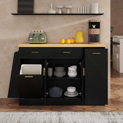 Multi-Functional Storage Sideboard, Trash Can Storage, Sliding Door Cabinet & 3-Tier Spice Rack,Kitchen Island Table for Kitchen, Dining Room