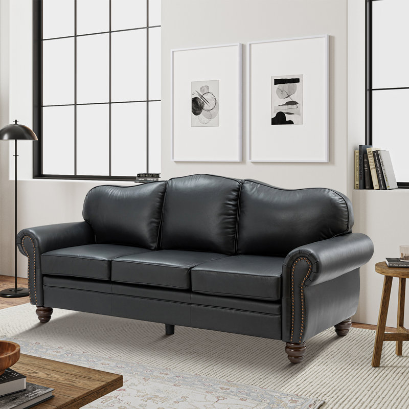 Damore 81'' Wide Genuine Leather Sofa, Black