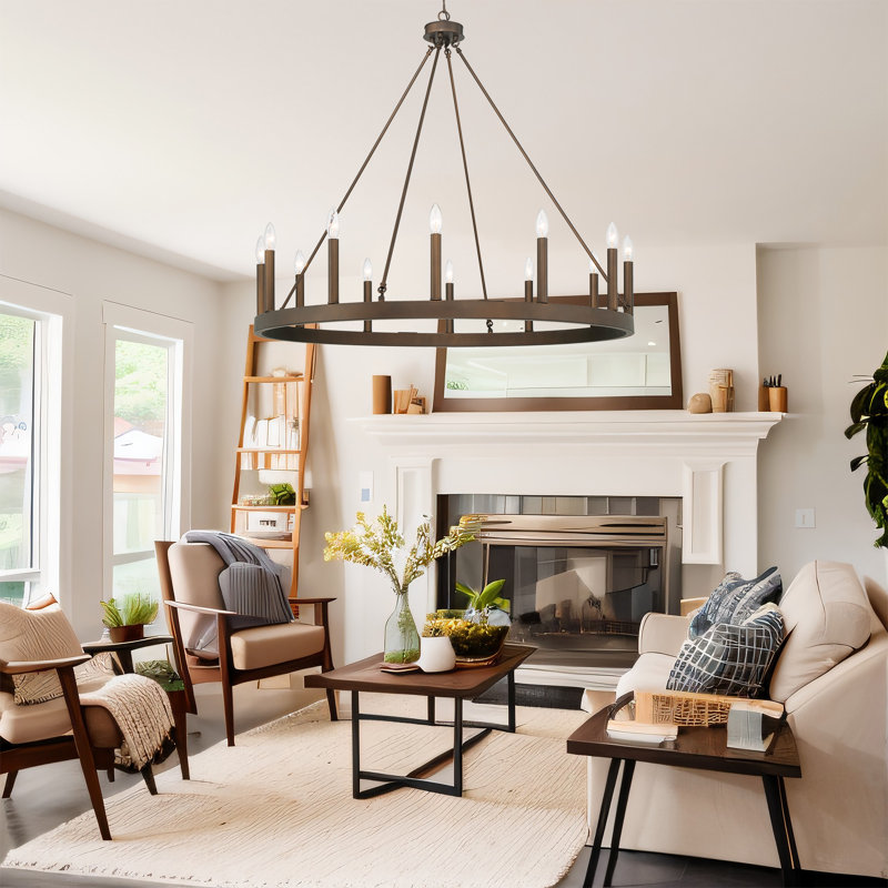 Beck 12 - Light Living Room Steel Dimmable Candle Style Wagon Wheel Chandelier UL Certified, Oil Rubbed Bronze