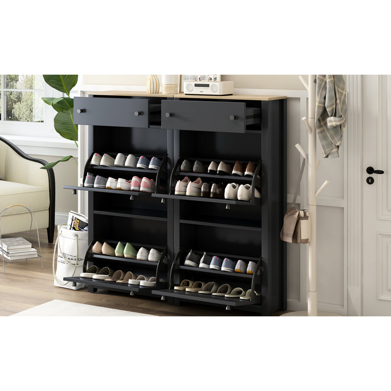 Élégant meuble à chaussures noir avec tablettes réglables, 4 tiroirs rabattables et 2 tiroirs, plateau à motif de grain de bois, panneau de particules et panneaux de couloir, noir, fabrication stable