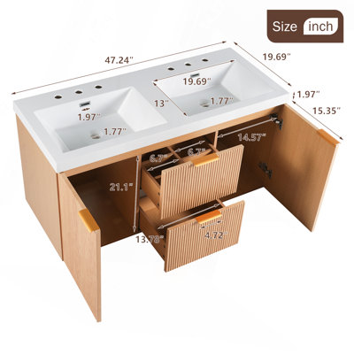 Meuble-lavabo double 47,24 pouces avec comptoir en bois massif, armoire en panneau de fibres à densité moyenne, portes à fermeture en douceur, tiroirs divisés, meuble-lavabo mural moderne