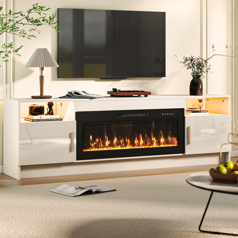 70" Electric Fireplace TV Stand for 80'' TV-Entertainment Center with 36'' Fireplace and Led Light-TV Table with Storage, High Glossy Door, Modern TV Console for Living Room, Crystal White