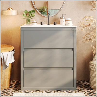 30-Inch Freestanding Bathroom Vanity With Ceramic Sink And Full-Extension Drawers, Soft-Close Slides, And 45° Handle-Free Design