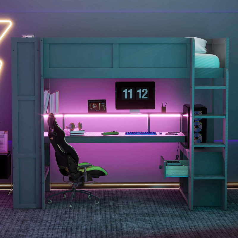Lit mezzanine avec bureau Gaming, tablettes multi-rangements, DEL et station de charge, gris foncé, Lit simple
