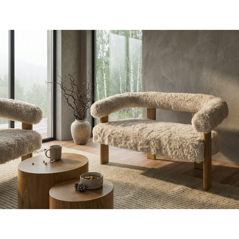 ILBRO Sofa, Off White Faux Fur, Light Brown