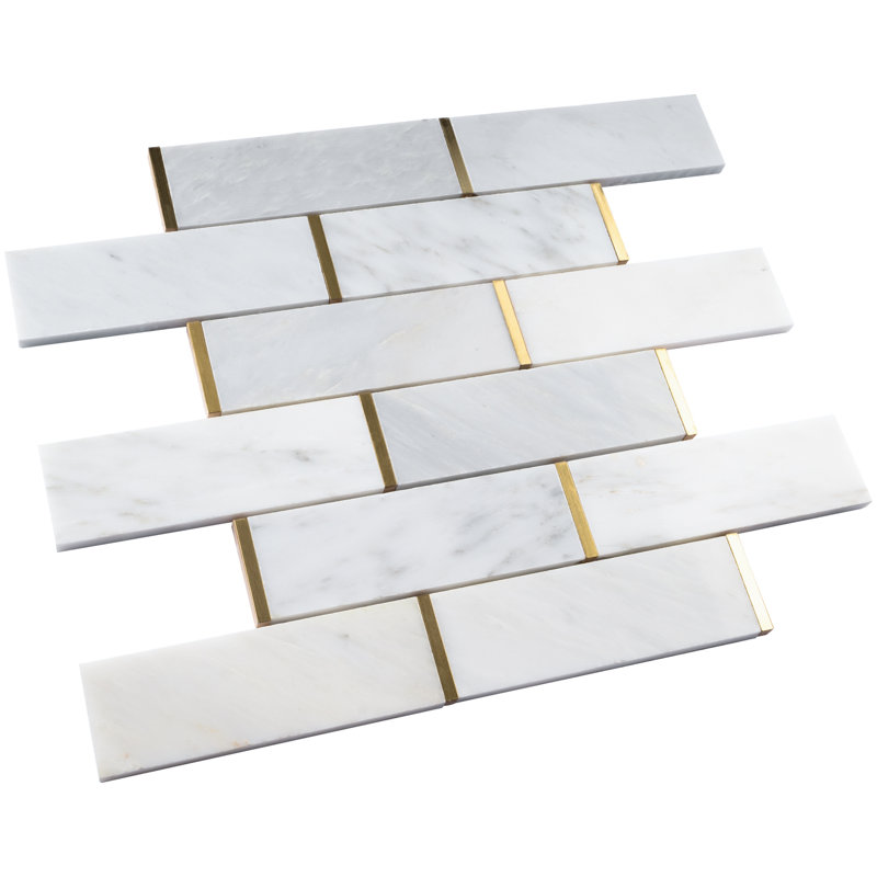 Natural Bianco 2" x 6" Marble Brick Joint Mosaic Wall Tile, Gold/White