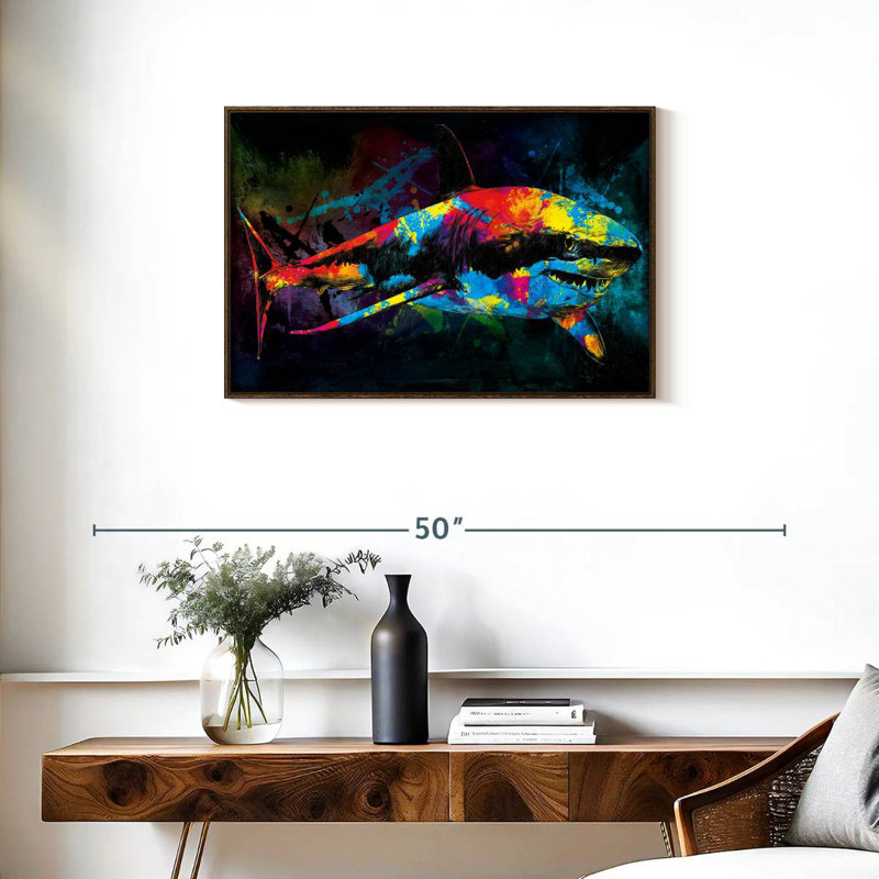 Grand requin blanc couleur grunge, Cadre flottant noyer, 31 po x 21 po