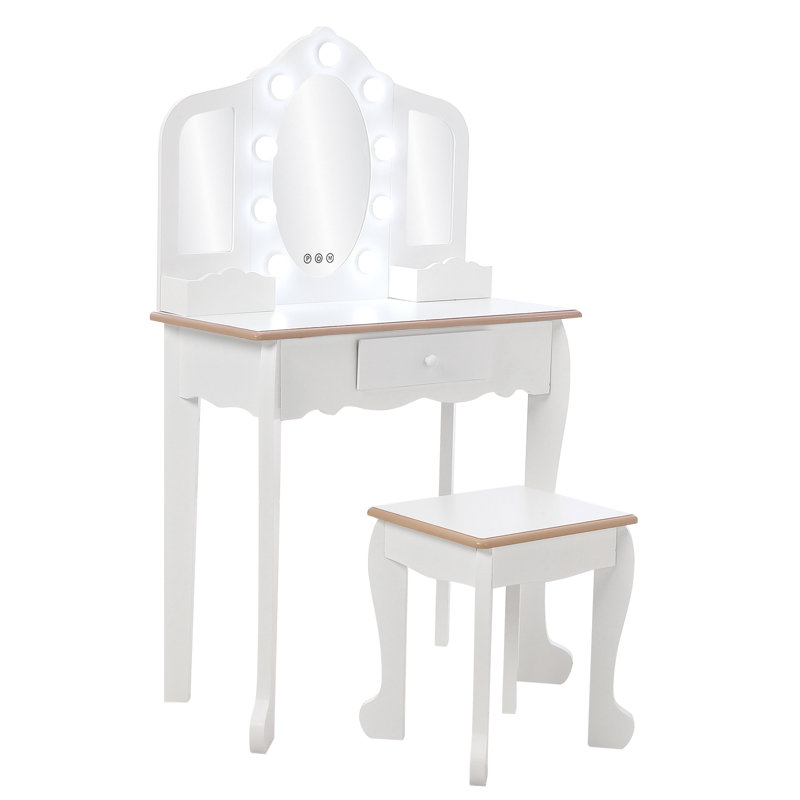 Kids Vanity, Vanity Set With Mirror And Stool, White/Natural