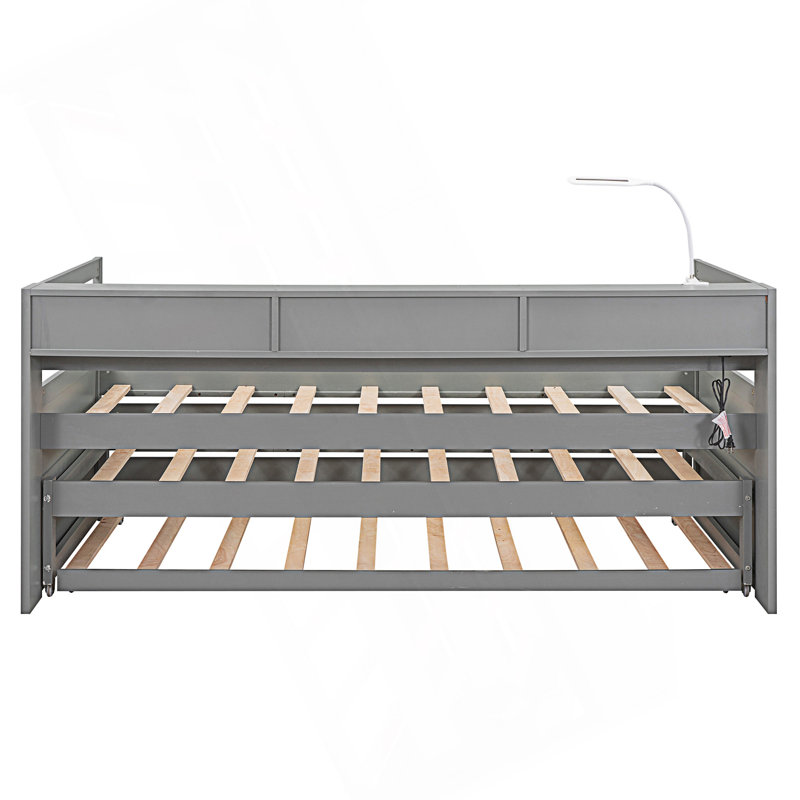 Modern Style Daybed With 2 Trundles And 3 Storage Cubbies, Gray