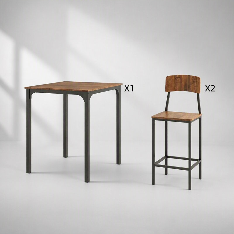 Ensemble de salle à manger industriel 3 pièces avec table carrée et tabourets, design gain de place pour les petites cuisines et les maisons modernes