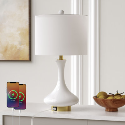 Lampe de table 23,5 po en céramique blanche avec ports USB et ports Type-C et abat-jour en lin pré-assemblé