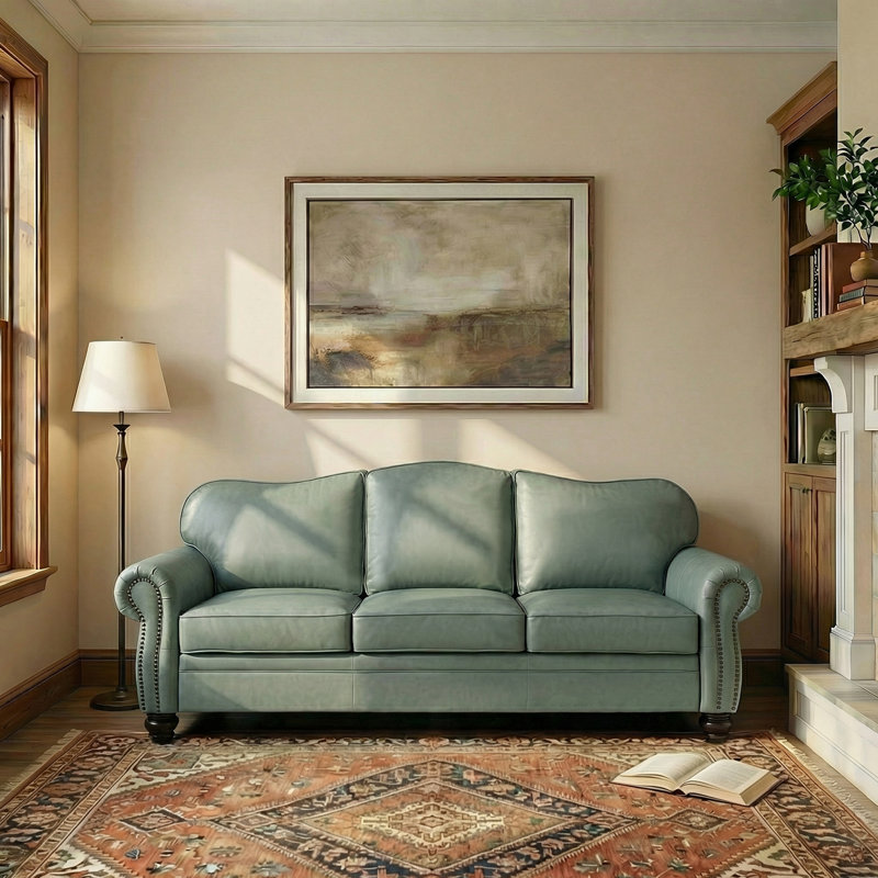 Eugene 81" Traditional Genuine Leather Sofa, Sage