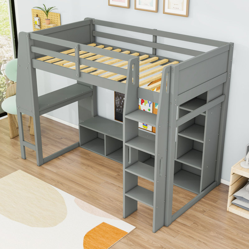 Lit mezzanine en bois avec bureau, éclairage à DEL et tablettes à plusieurs rangements, Simple
