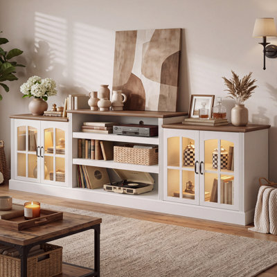  98" Farmhouse TV Stand for 100 Inch TV,Media Entertainment Center with 2 glass-door cabinets, Adjustable Shelves and Large Storage Cabinets,for Living Room, White