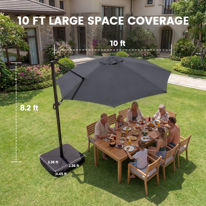 Olilawn 10-Foot Cantilever Patio Umbrella with Base, 360° Rotation, Unlimited Tilt, Heavy-Duty Frame, Suitable for Patios, Pools, Backyards, Gardens, etc.