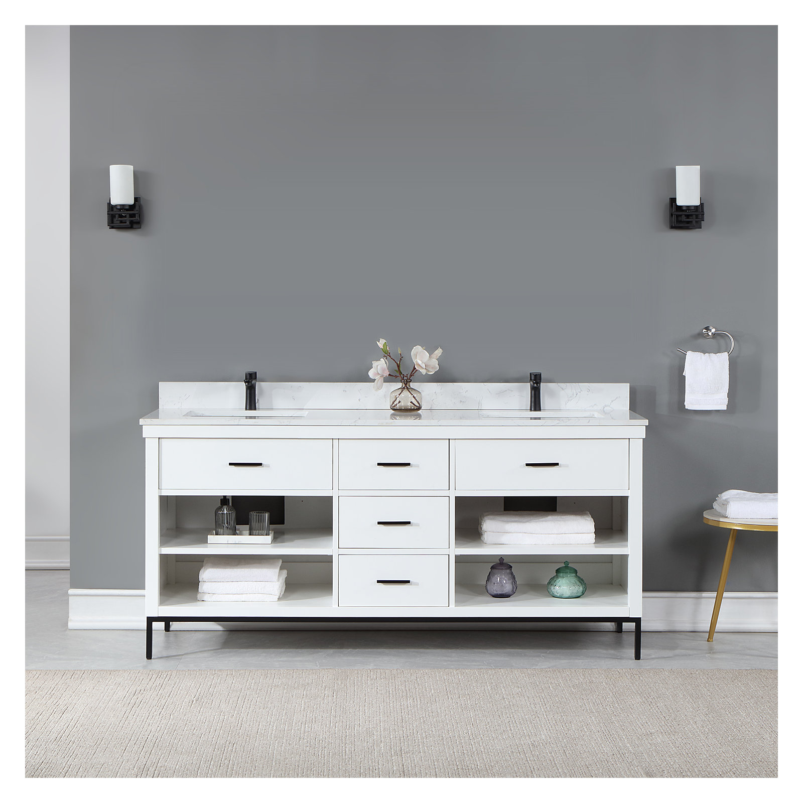Adaire 72'' Double Bathroom Vanity, Matte Black, White