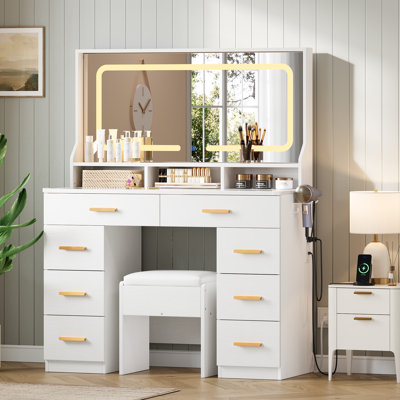 42" LED Makeup Vanity Desk with Large Mirror, 8 Drawers & Charging Station, Modern Dressing Table with Glass Top, Storage Stool, for Bedroom Dressing Room