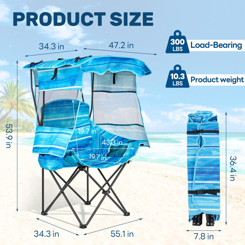 Single Outdoor Chair With Canopy Shade, Folding Reclining Beach Chair With Cup Holder And Cooler Bag, Lightweight Lounge Chair