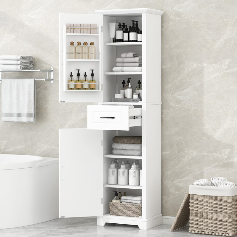Grande armoire de rangement pour salle de bain avec deux portes, tablettes réglables et tablette de porte, panneau de fibres à densité moyenne autoportant avec finition peinte