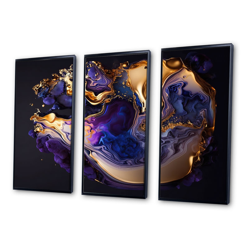 Abstrait marbre géode mauve II - 3 pièces sur toile, Cadre flottant noir, H 28 po x l 36 po x P 1 po