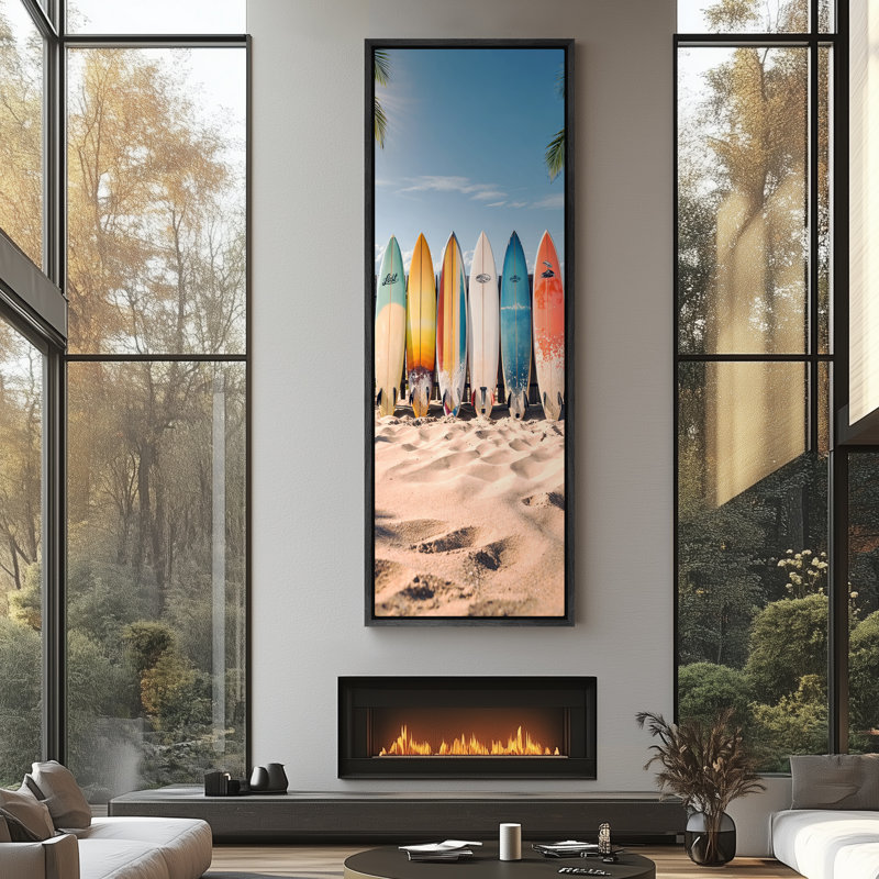 Planche de surf colorée sur une plage ensoleillée avec palmiers, art vertical de la côte, très grandes photos, impression sur toile encadrée