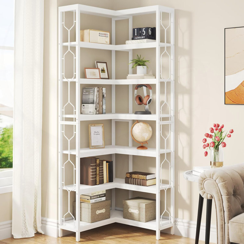 78.74" Tall 7-Tier Industrial Corner Bookshelf Tall Wood Metal Etagere Display Shelf For Home Office, White