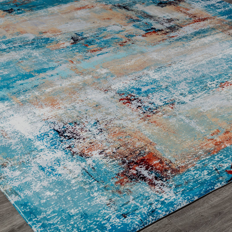 Abstract Area Rug in Blue, Rectangle 5'6" x 8'6"