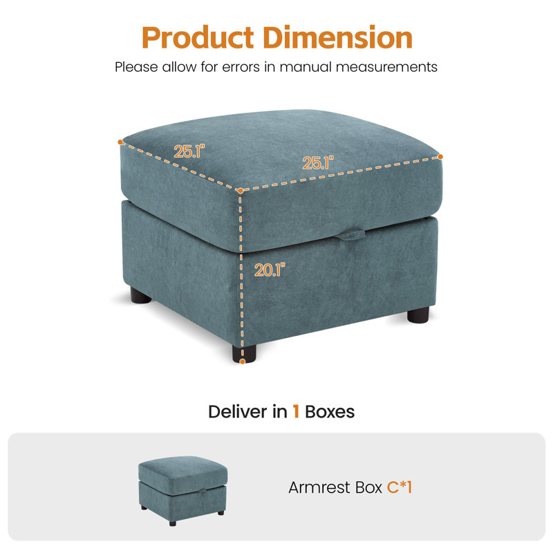 Canapé modulaire modulaire avec rangement dissimulé et porte-gobelets, 1 repose-pieds, Bleu
