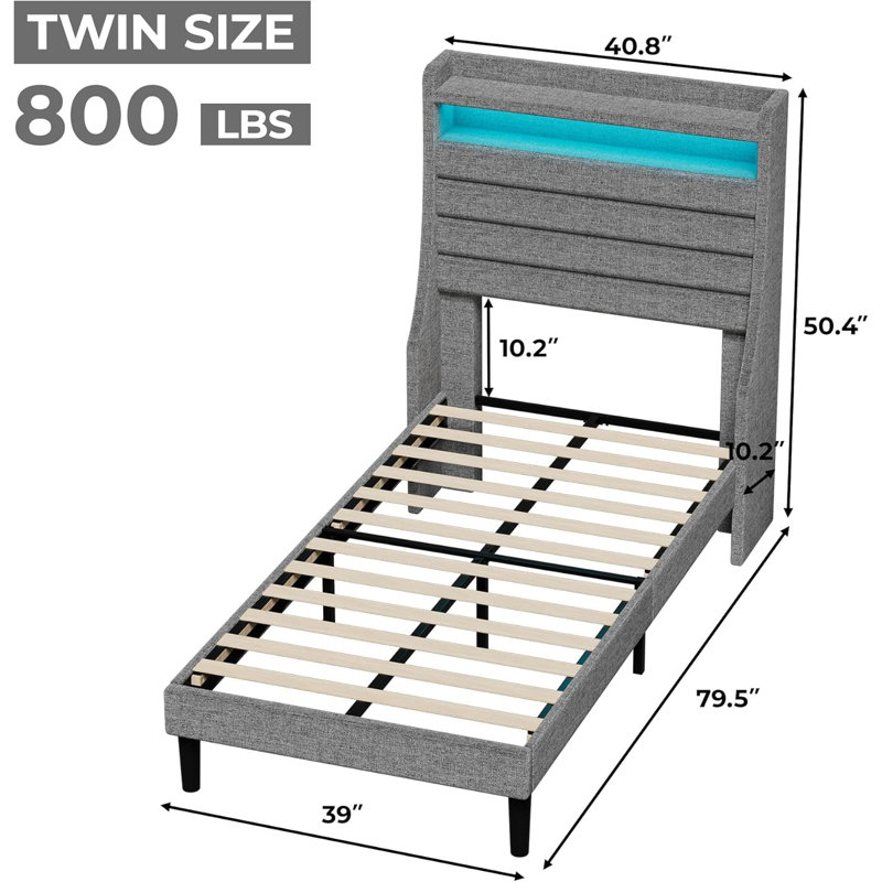 Lit simple tapissier - lin, tablette, 800 lb, gris