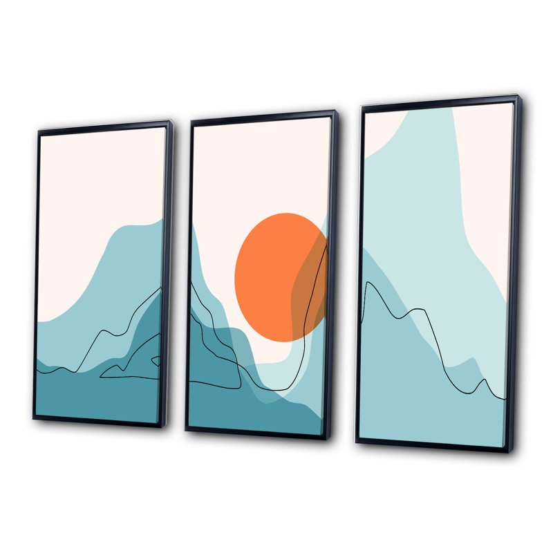 Red Moon Over Abstract Blue Mountains I - 3 pièces, cadre flottant, impression sur toile, L 48 po x H 32 po, Cadre noir