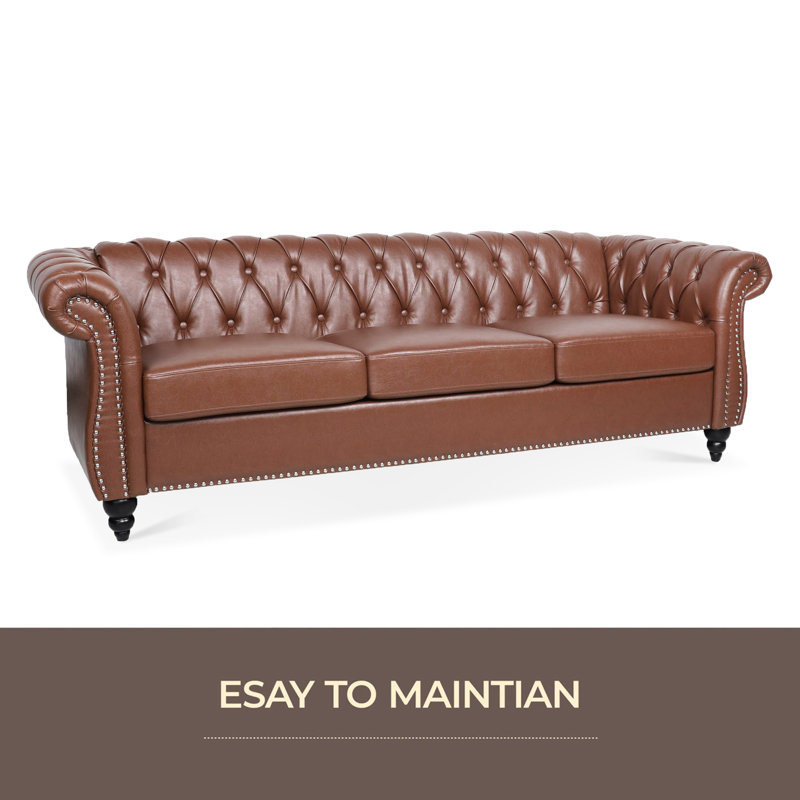84.65" Rolled Arm Chesterfield 3 Seater Sofa, Brown