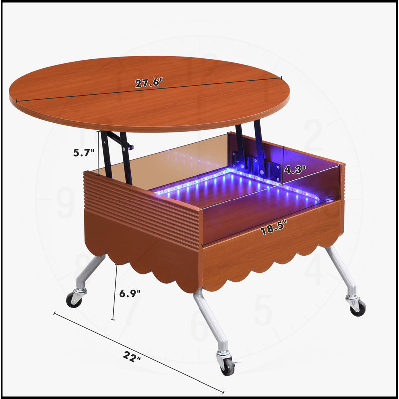 Table basse ronde à plateau relevable avec roues, structure en métal et éclairage multicolore personnalisable, parfaite pour les salons modernes