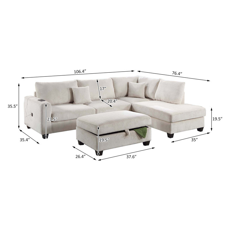 3-Piece Sectional Set, Beige Corduroy