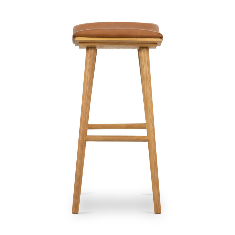 Union Wallis Belfast Solid Wood Stool, Bar Stool (30" Seat Height), Faux Leather - Sierra Butterscotch/Smoked Natural