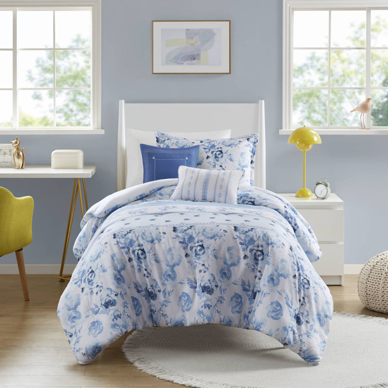 Christa Floral Striped Comforter Set, Twin Comforter + 3 Additional Pieces