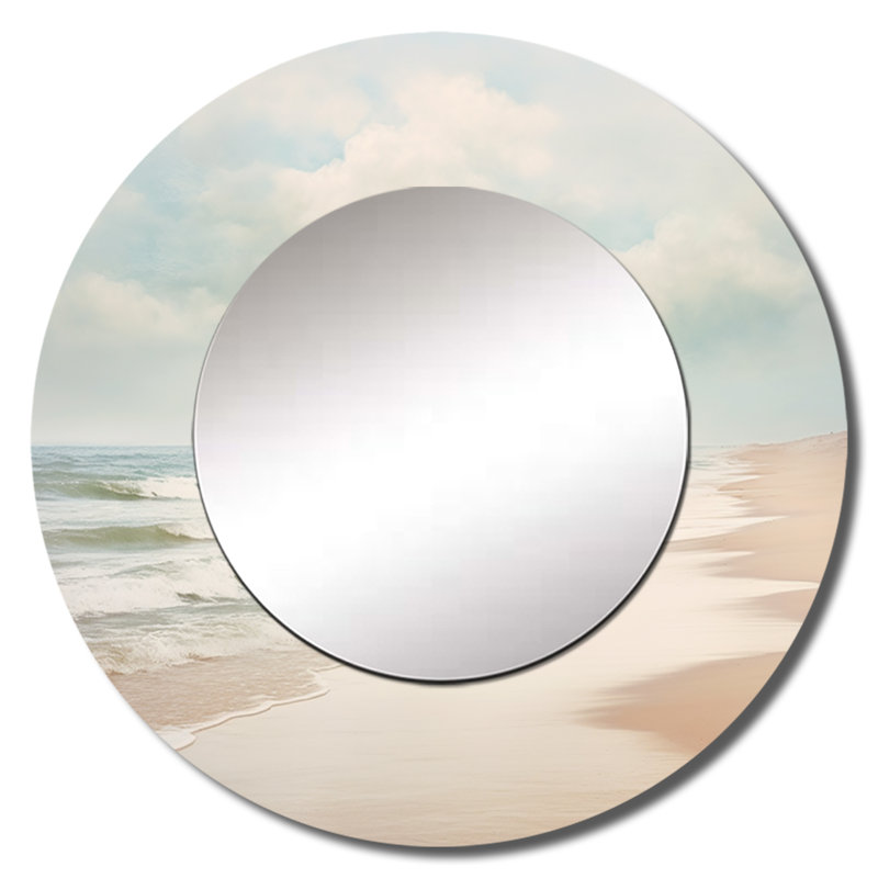 Minimalisme plage paysage VI - miroir mural plage, miroir décoratif rond côtier, impression d'art en métal, 36 po x 36 po