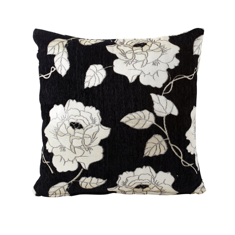 Piedmt Chenille Rose Cushion Cover with Filler Pad, Black, 55 cm H x 55 cm W