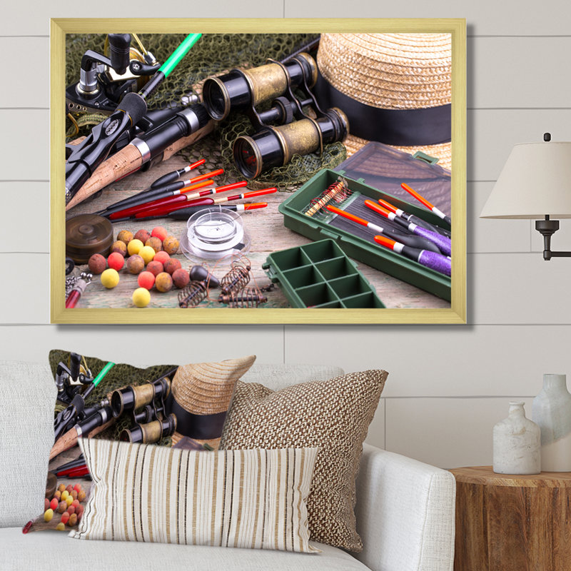 " Fishing Supplies Layout ", 12" H x 20" W x 1" D, Gold Single Picture Framed