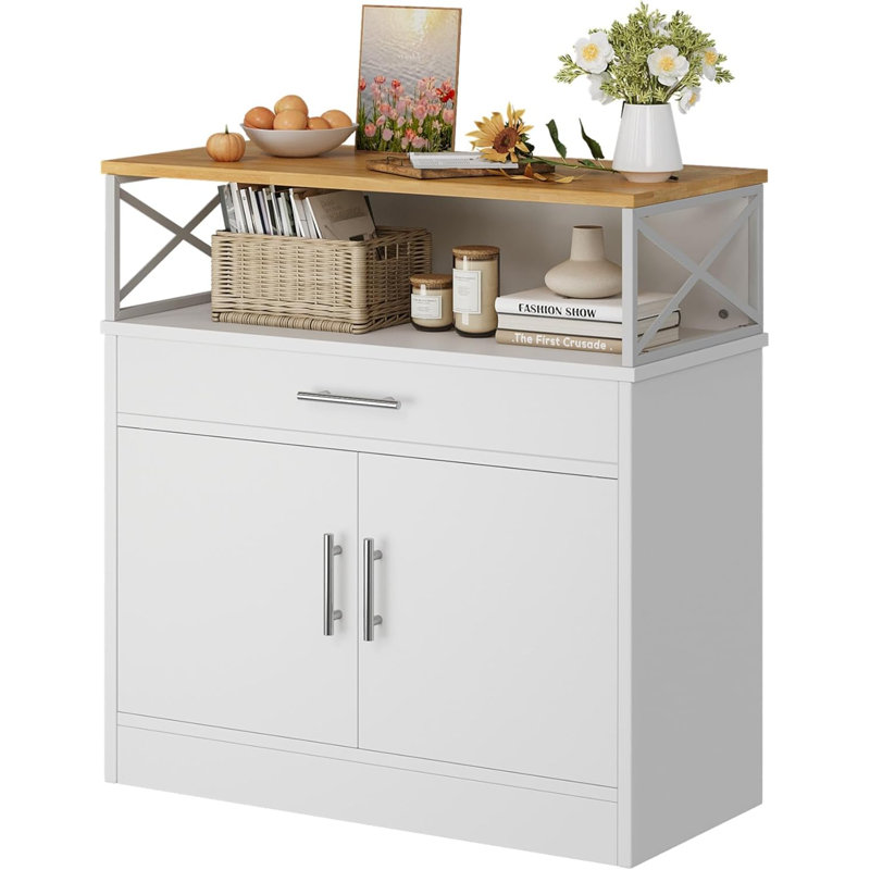 Sideboard Buffet Cabinet With Storage, 32” Modern Kitchen Storage Cabinet With Open Storage, Adjustable Shelf, Wood Farmhouse Coffee Bar Buffet Table For Kitchen, Dining Room,