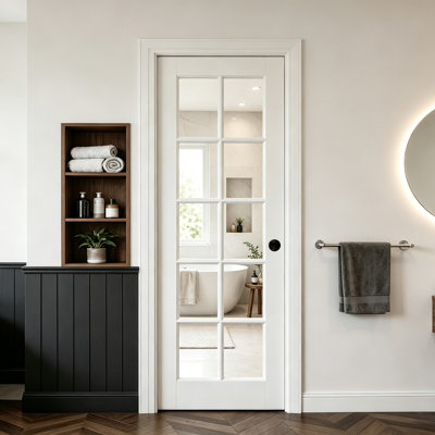 Interior Door White 10 Lite Clear Glass Pantry Door With Black Door Knob And Lock, Single Door Slab Glass Door For Home Office And Room Divider