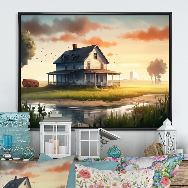«Burning Sky At Sunset Farmhouse II», impression d'art mural paysage de ferme, H 30 po x l 40 po, Cadre flottant noir