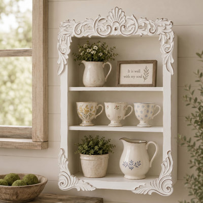 Gilmanton Ornate White Wood Wall Shelf with Carved Accents