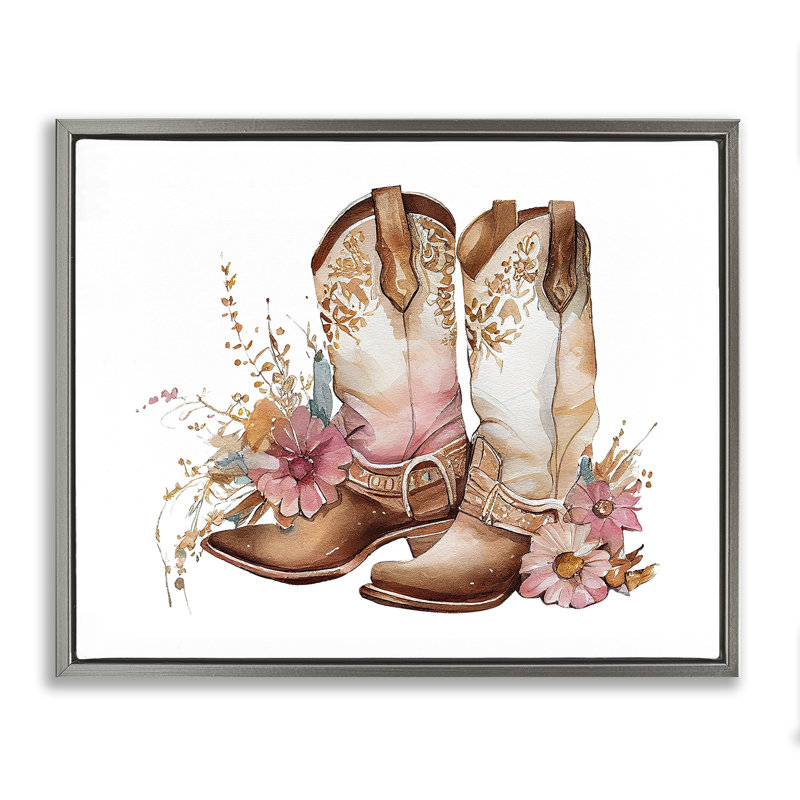«Blooming Cowboy bottes», art mural encadré noir sur toile flottante par Birch & Ink, H 25 po x l 31 po
