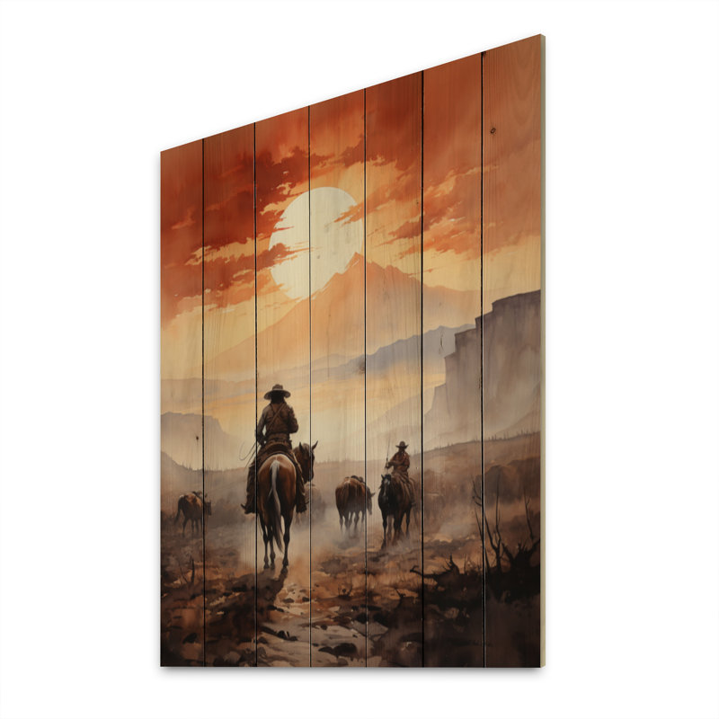 Cowboy chassant le coucher de soleil I - impression sur bois sans cadre, H 20 po x l 10 po x P 0,78 po