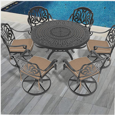 Ensemble de salle à manger 7 pièces en fonte d'aluminium toutes saisons, comprenant 6 chaises pivotantes et une table ronde de 47,24 po avec structure noire (même SKU: W1710S00449)