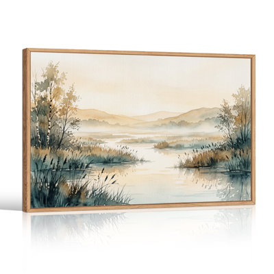 Tableau sur toile aquarelle « Rivière brumeuse et collines »