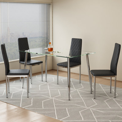 5-Piece Rectangular Dining Table Set - Tempered Glass Tabletop (Silver-Plated Metal Legs) & 4 High-Back Metal-Leg Chairs(Black)
