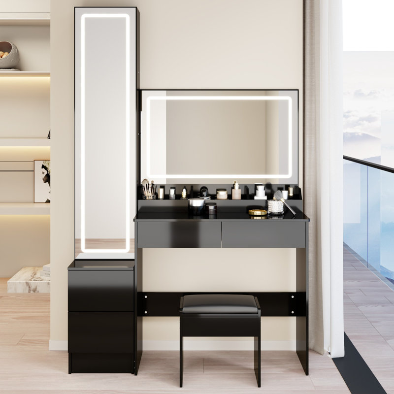 Extra Large LED Mirror Vanity Table,LED Dressing Mirror Cabinet,Cushioned Stool, Touch Control, Multi-layer High Capacity Storage